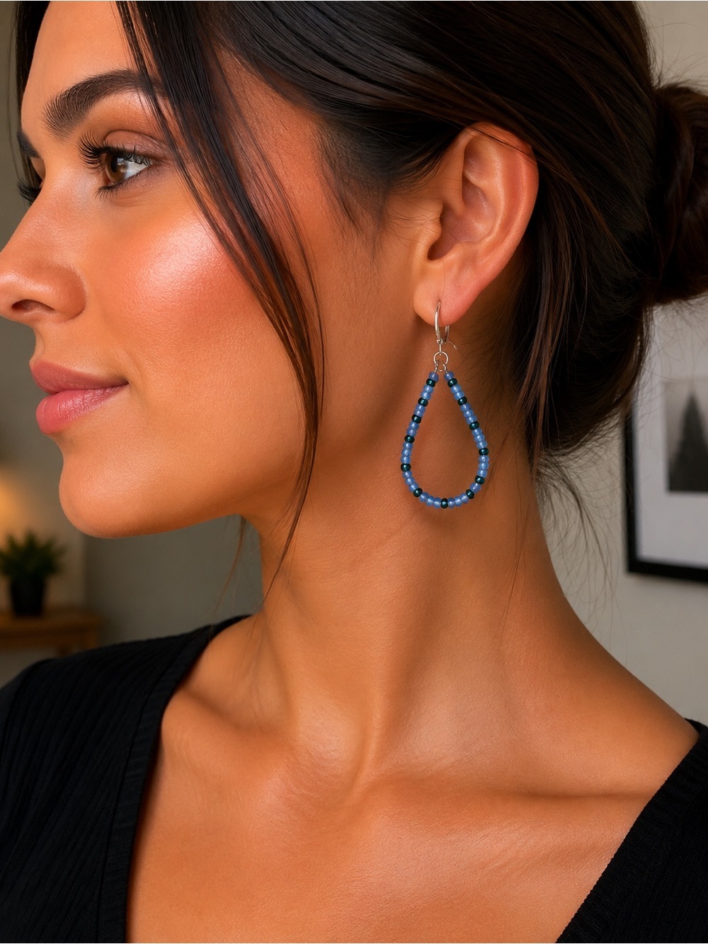 Blue Beaded Hoop Earrings